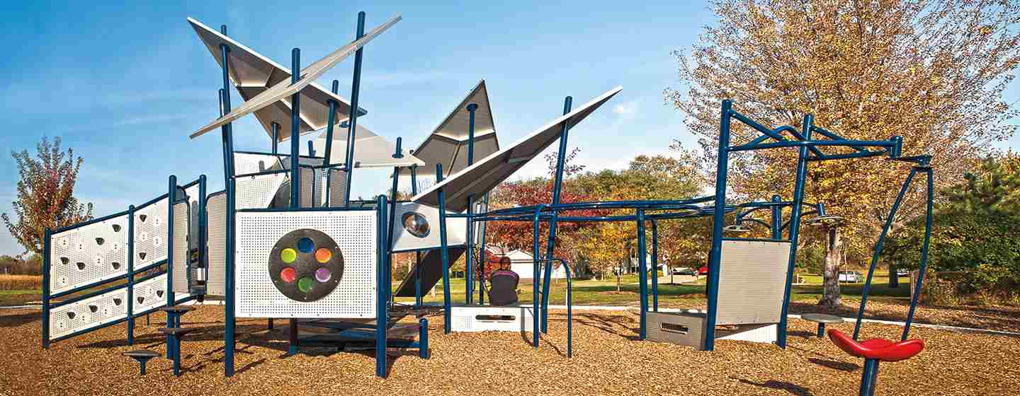 Geometric commercial playground designed and manufactured by Landscape Structures