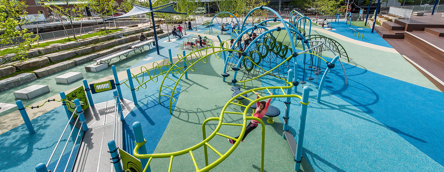 Aerial shot of an outdoor Evos playground with PebbleFlex surfacing.