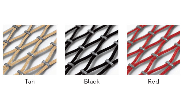 three swatches of LSI Flexx cable net material for playgrounds