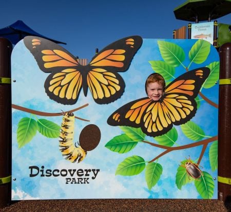 Custom playground sign showing monarch butterflies and a larva with a hole where a child's face can peek through