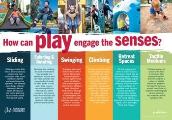 Senses at Play handout cover image showing six senses and discussing the value of play to sensory development